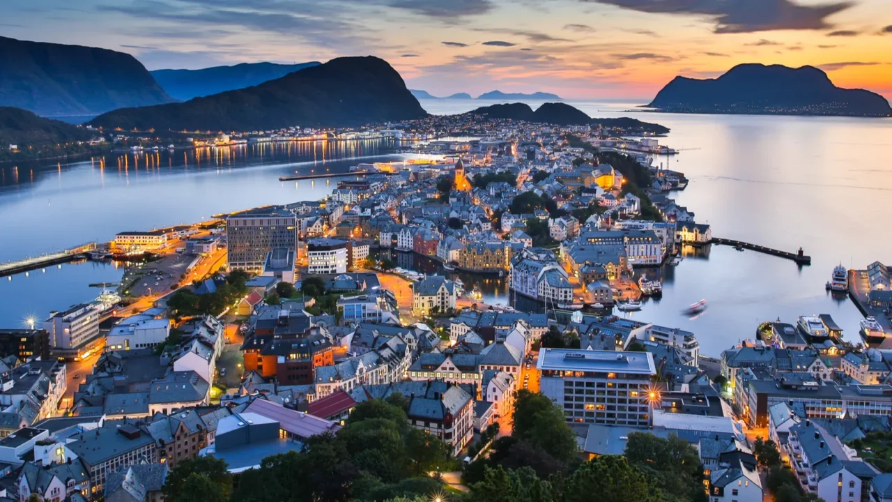 top view of the city of alesund at sunset