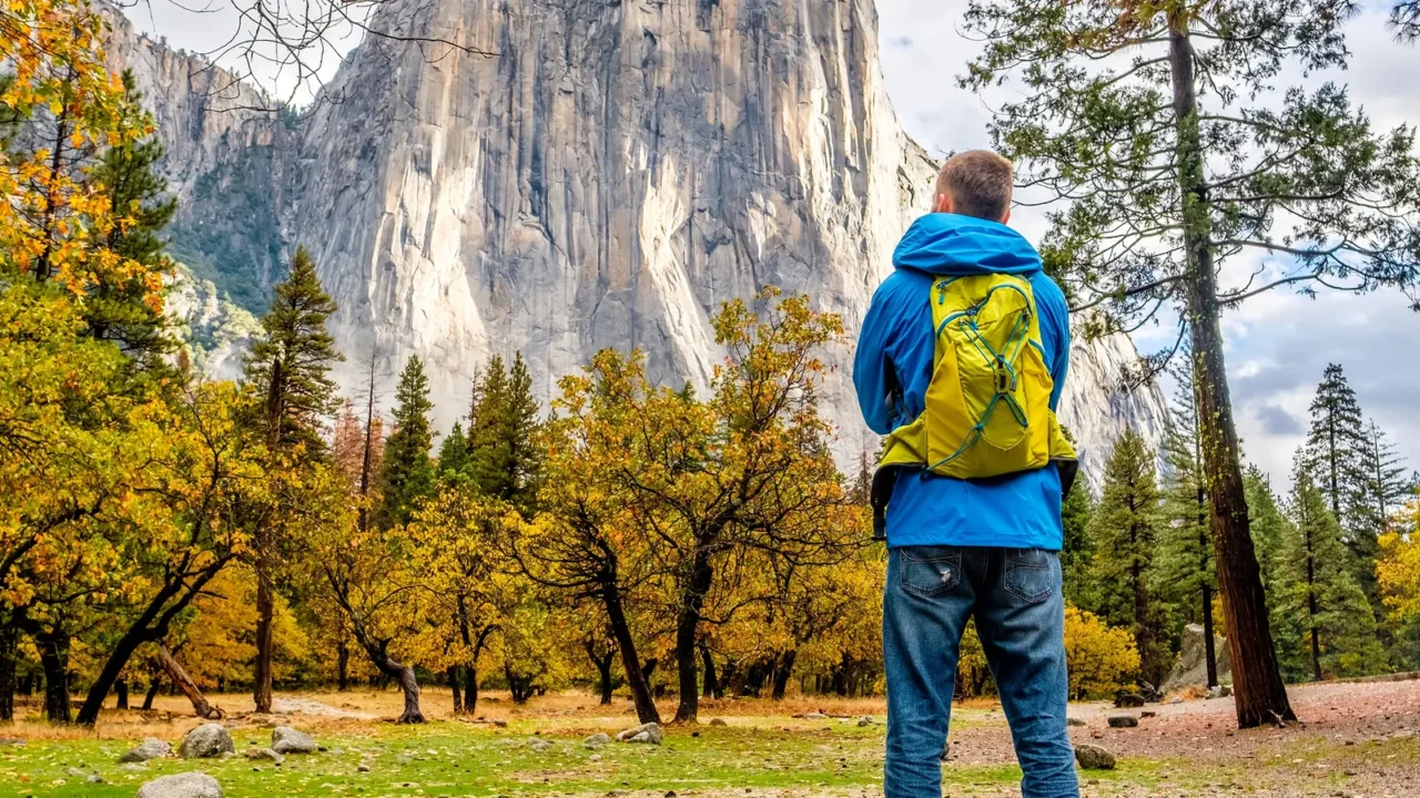 tourist standing in yosemite national park valley