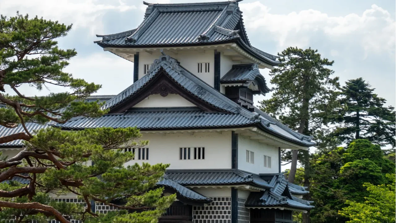 traditional japanese architecture of kanazawa castle with stone walls surrounded