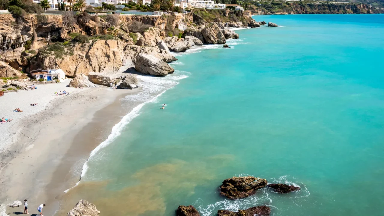 travel destination view on blue sea and mountains from balcon