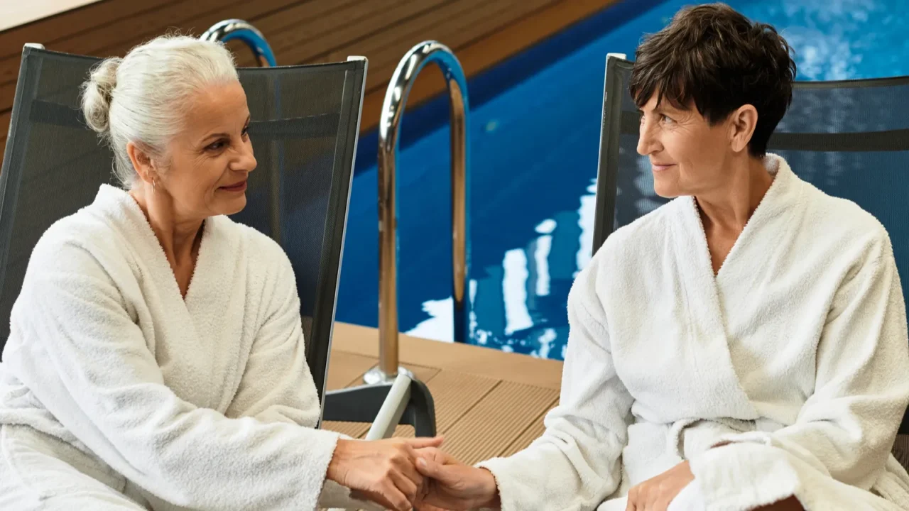 two beautiful mature women relax and connect at a wellness