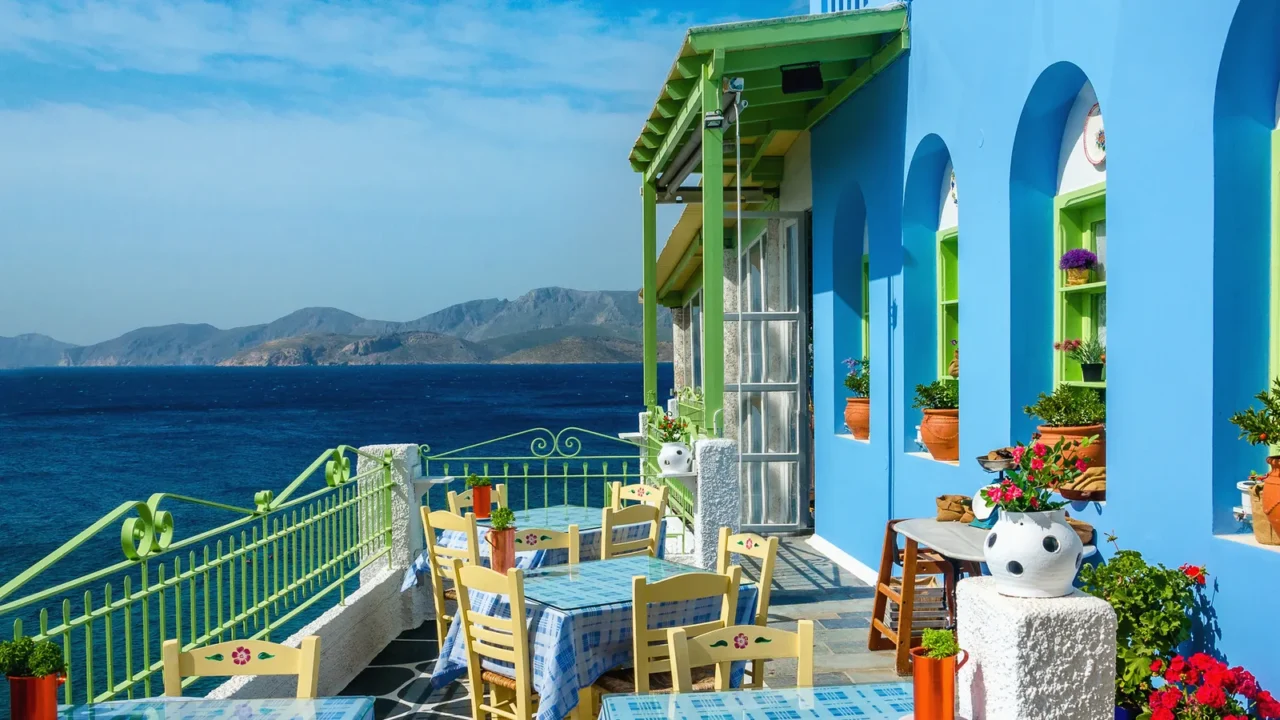 typical colorful greek restaurant in greece
