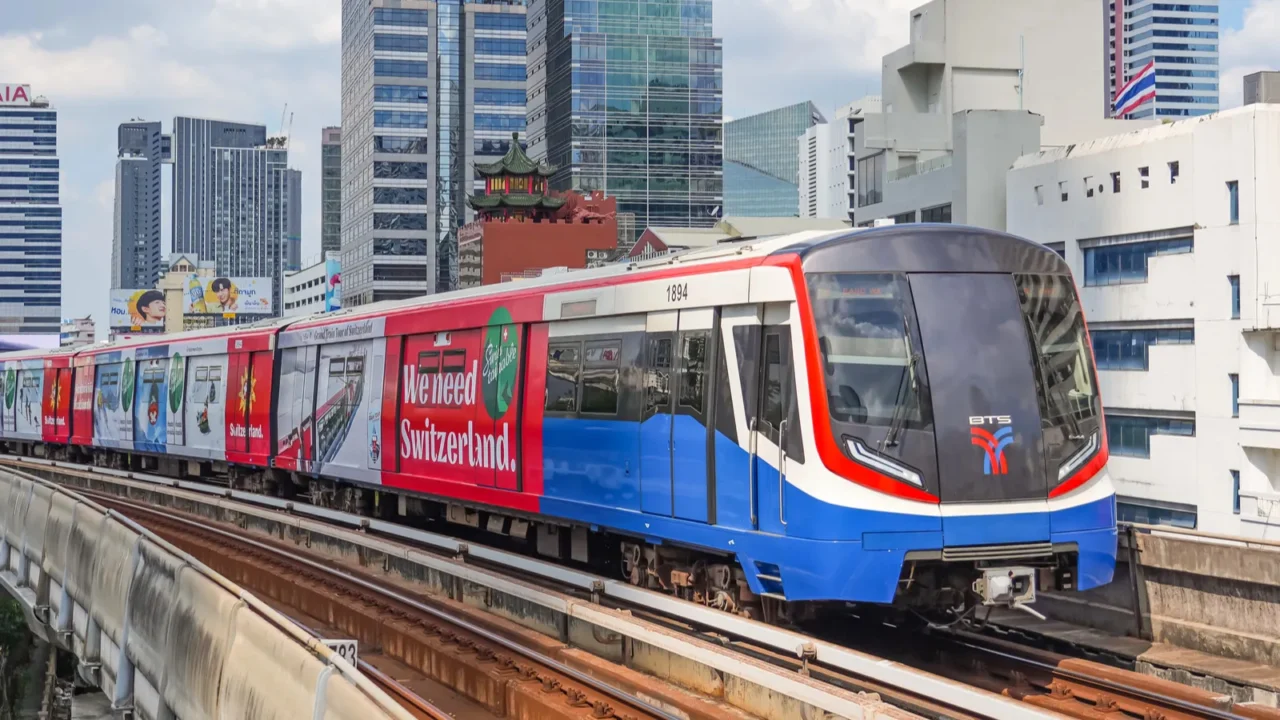 view of bangkok skyline and skyscraper with bts skytrain bts