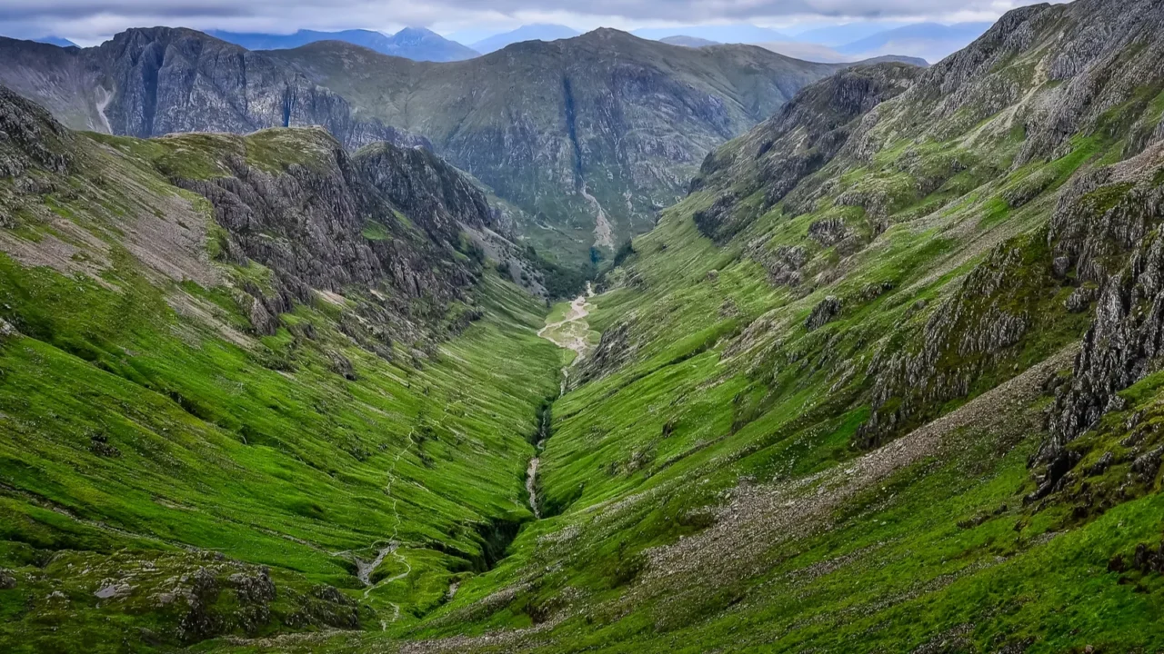view of mountains in glen coe valley scotland