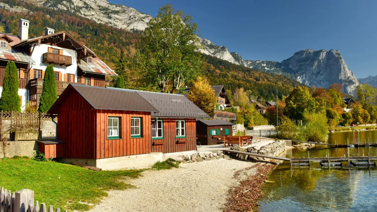 view of the lake grundlsee in the early autumn morning