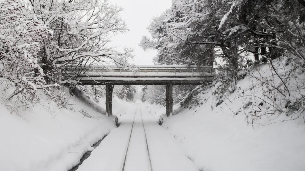 white snow covered tracks on tsugaru railway line in aomori
