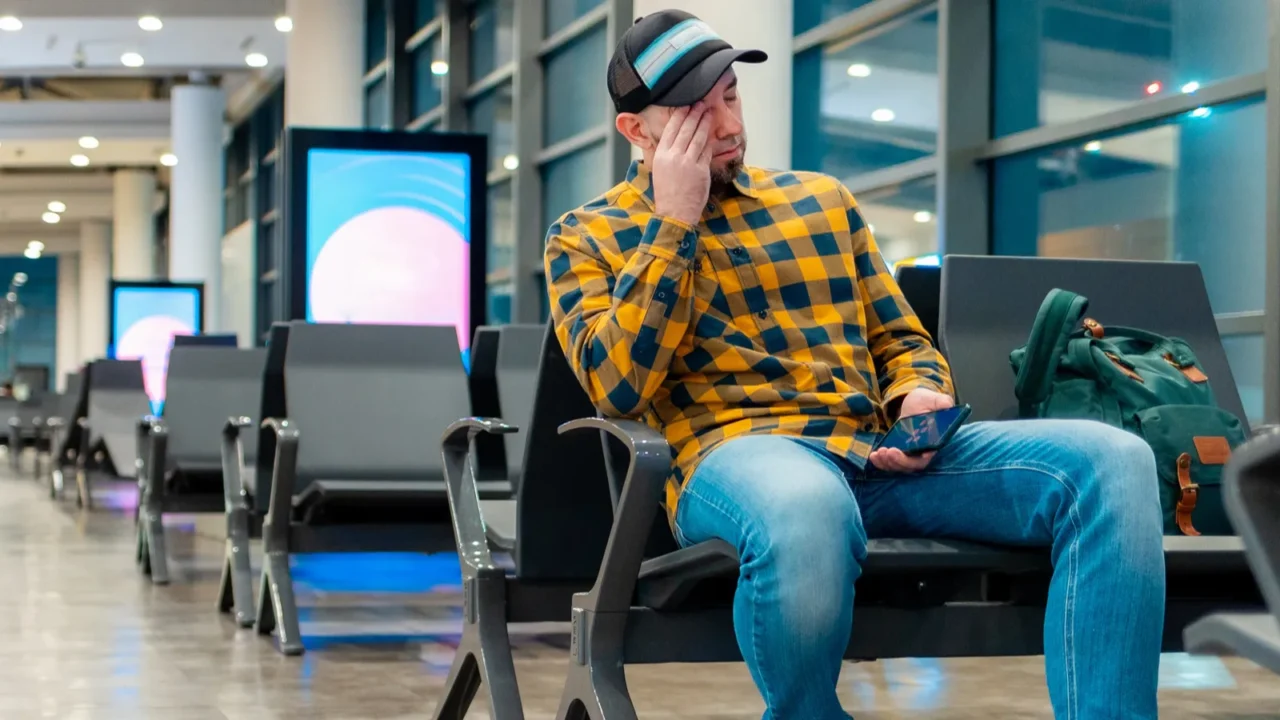 wide shot of adult caucasian man in cap and jacket