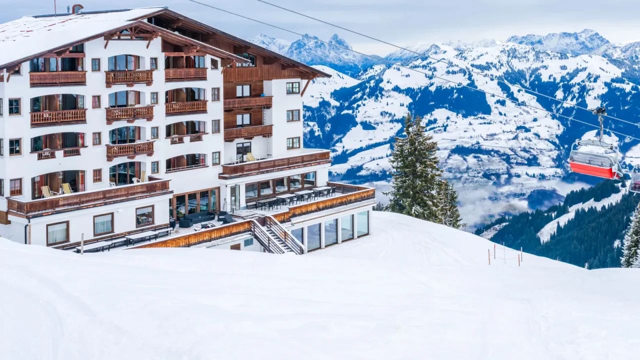 wintry landscape on hahnenkamm mountain in austrian alps in kitzbuhel
