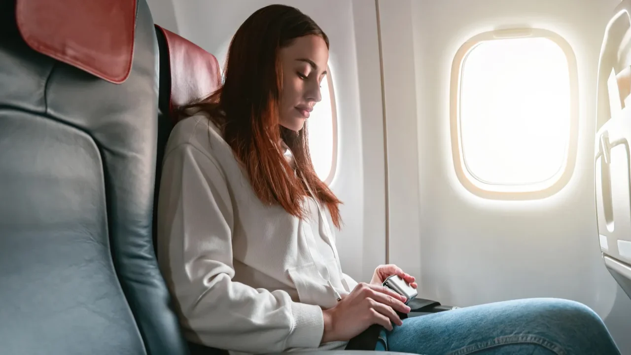 woman passenger fastening seatbelt sitting in airplane before flight high