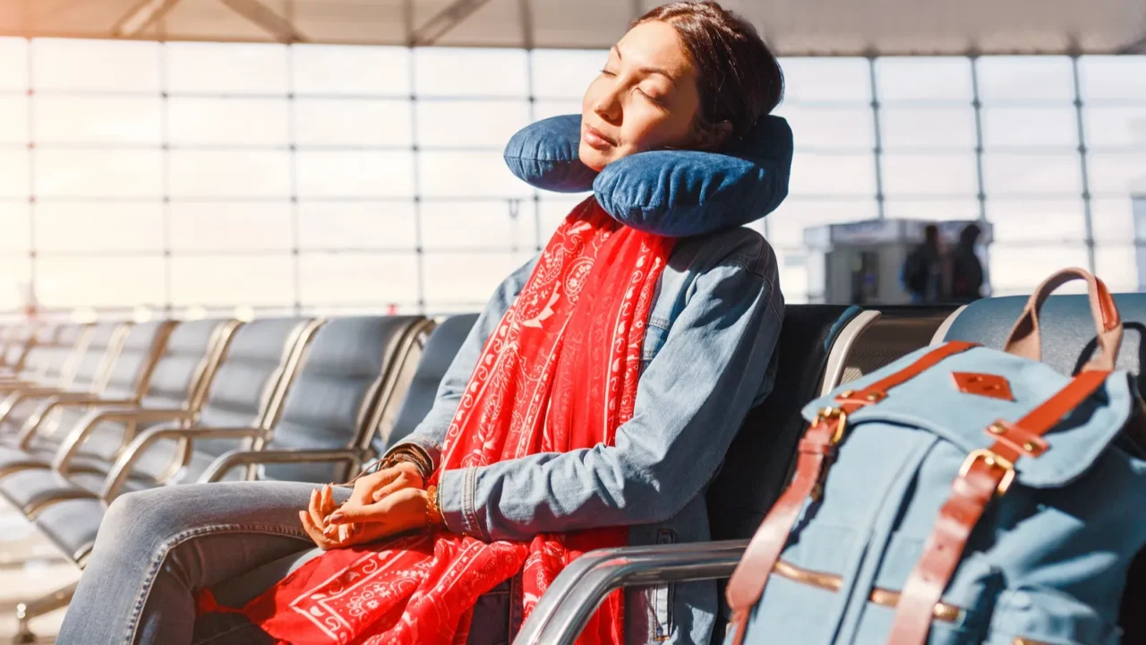 woman relaxing and sleeping with neck pillow at airport terminal