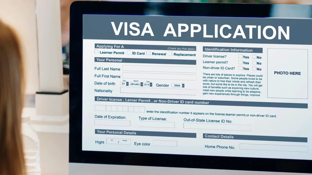 woman using computer with graphic text