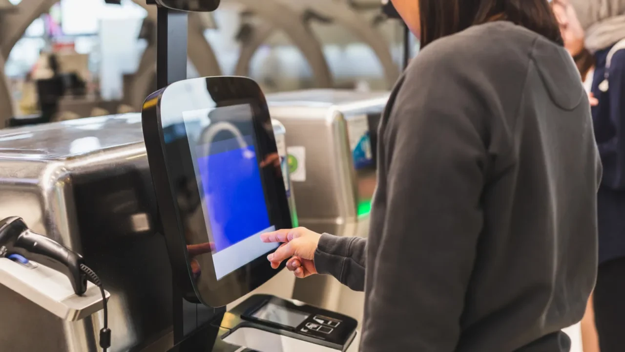 woman using service machine for self check in at airport