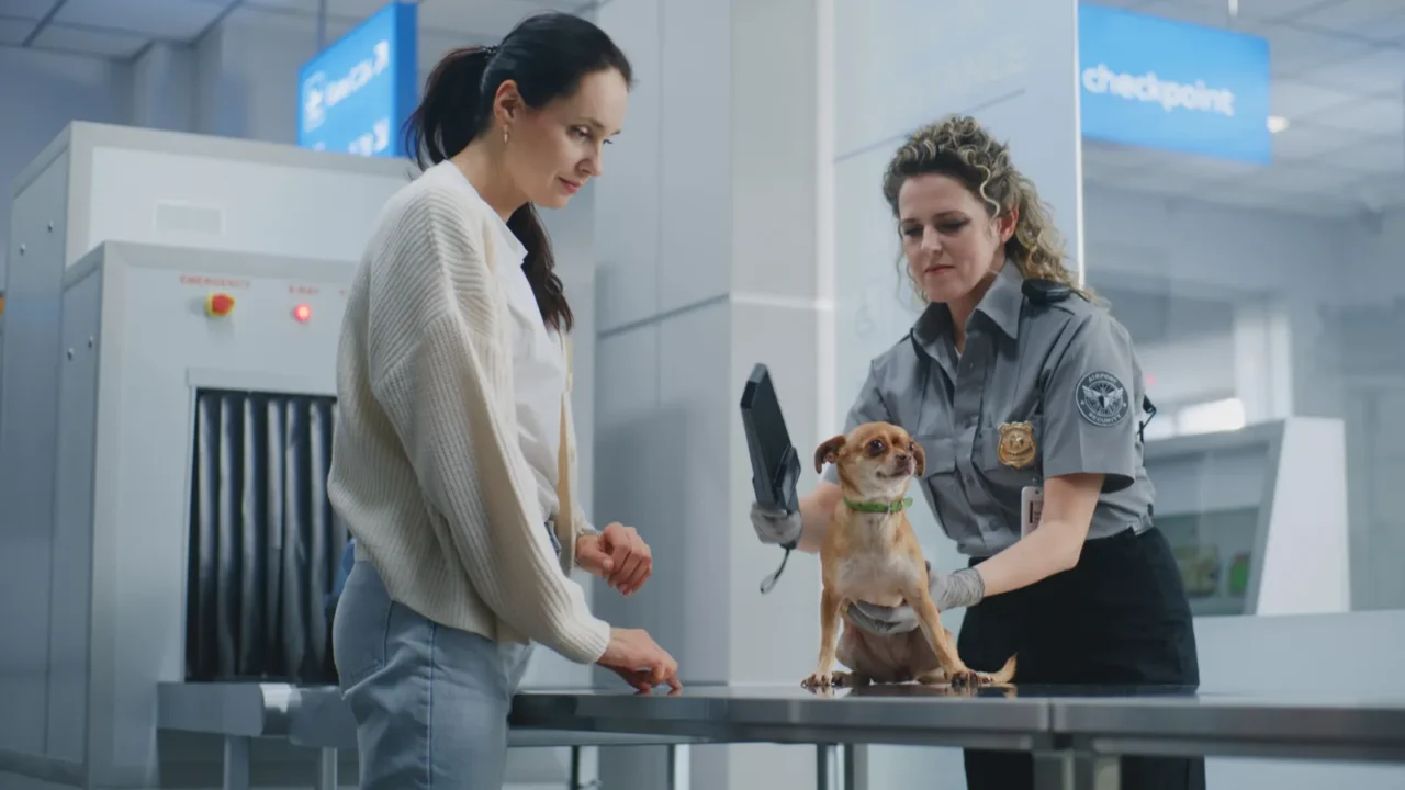 woman with pet at security checkpoint in airport female tsa