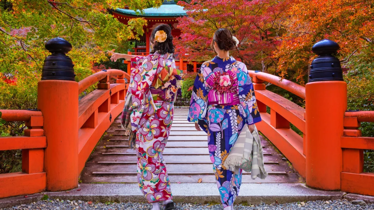 women in traditional japanese kimonos walking in kyoto japan