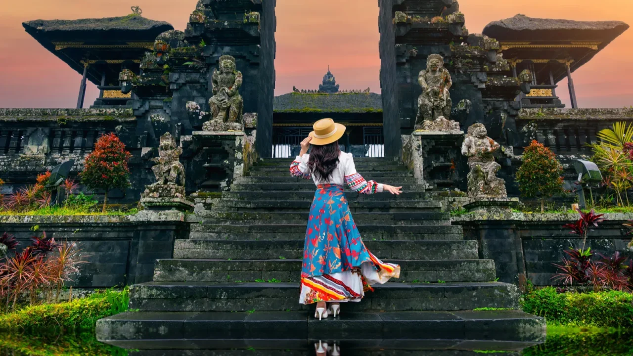 women tourists standing at besakih temple in bali indonesia