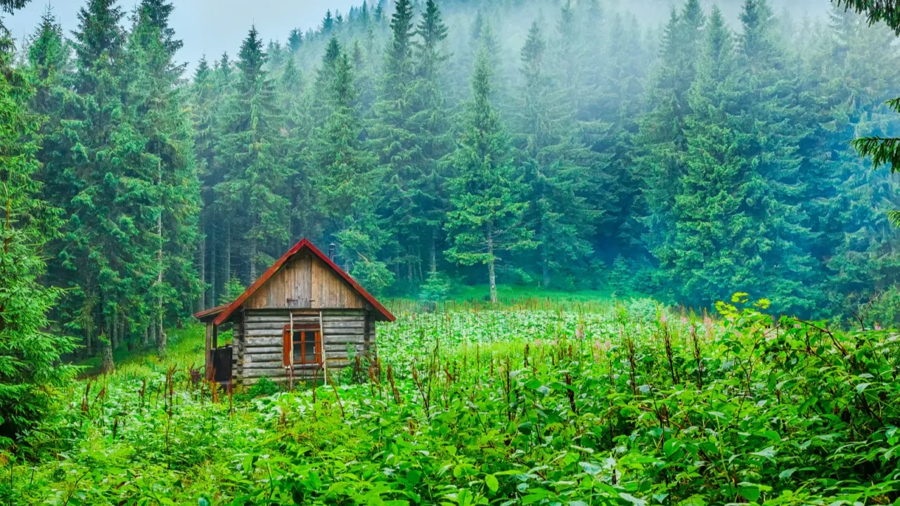wooden house blockhouse at green glade in mountains forest