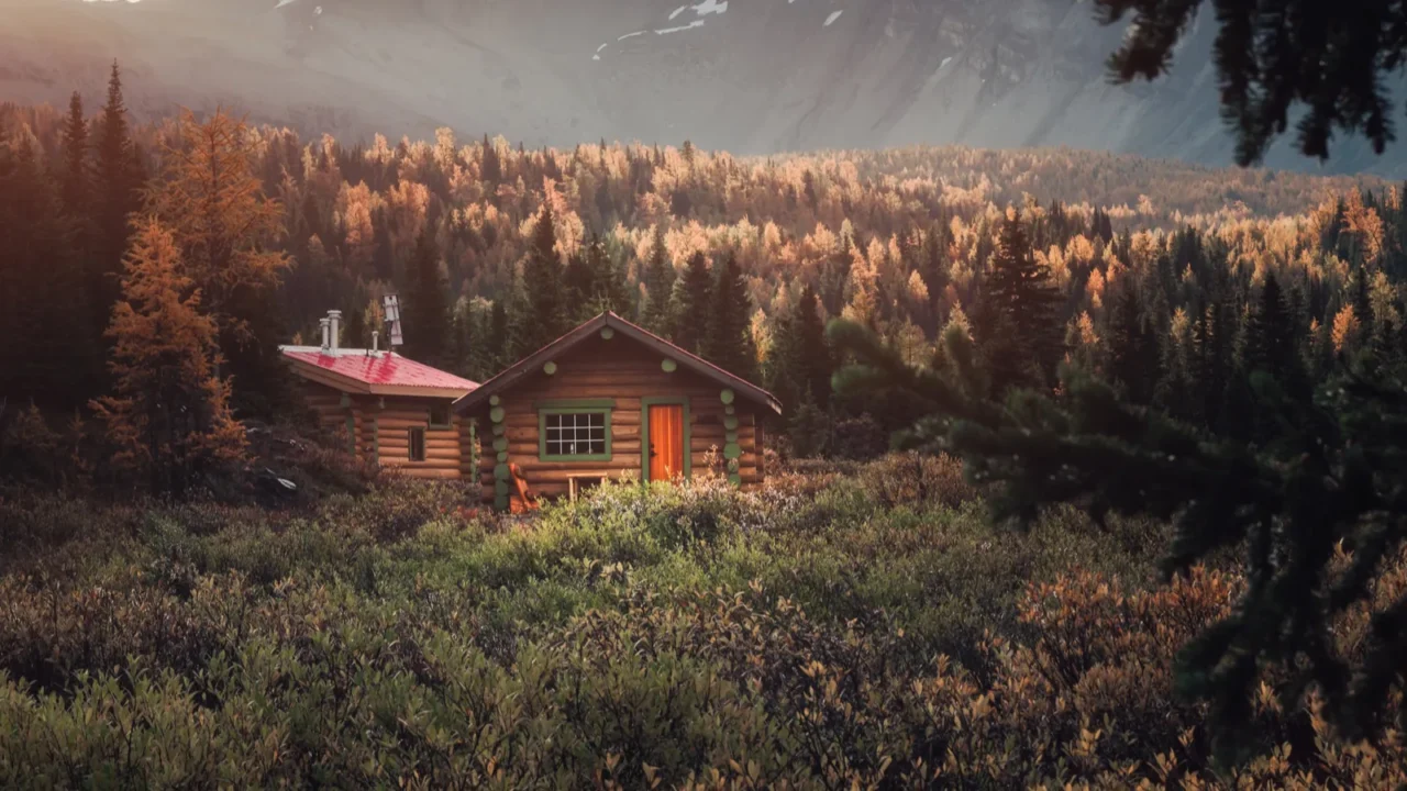 wooden huts with rocky mountains and sunshine on autumn deep