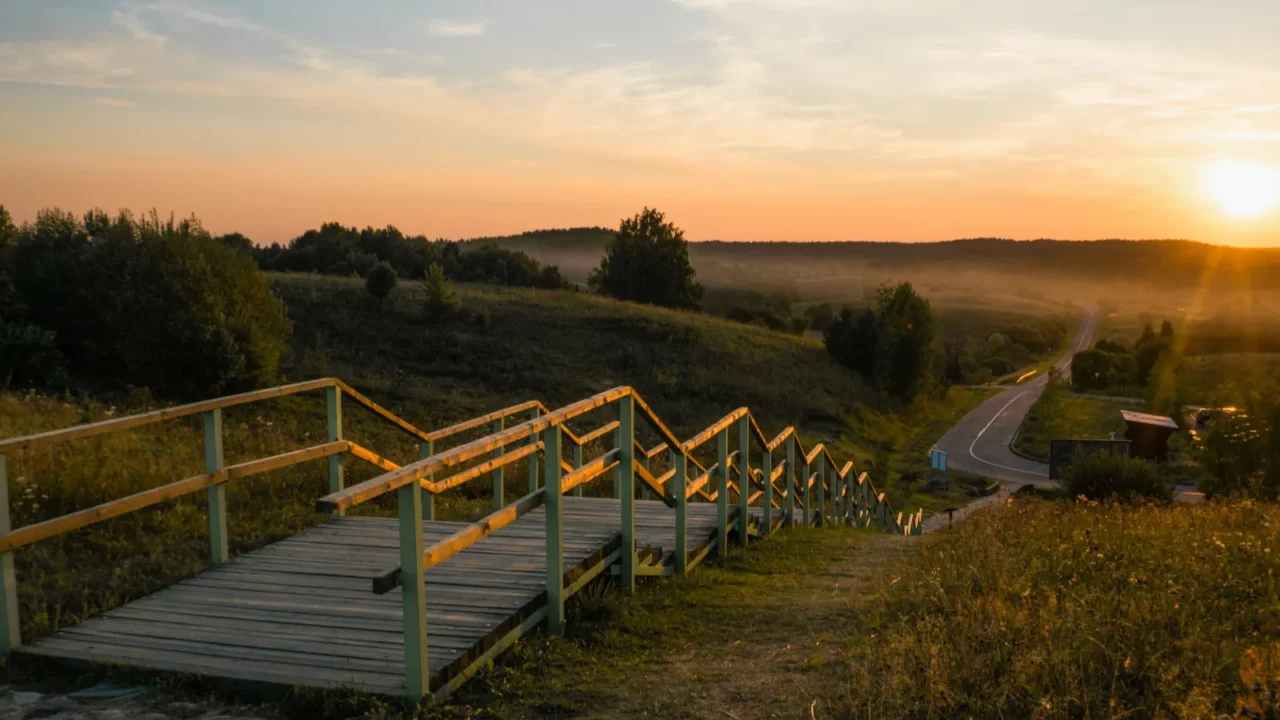 wooden stairs at sunset