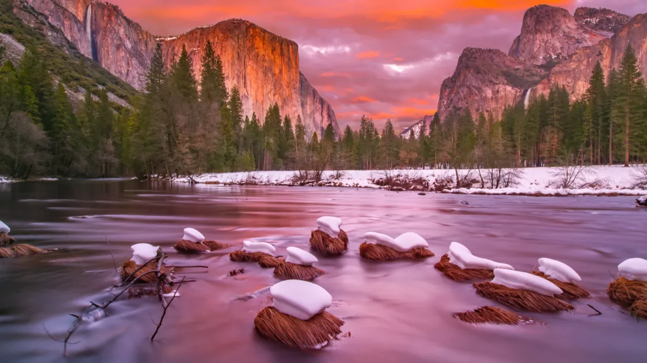 yosemite national park at dusk with snow caps