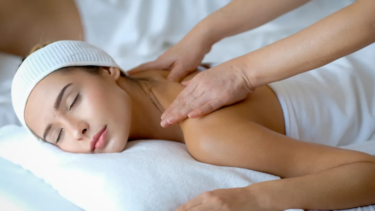 young beautiful woman enjoy with massage in spa room with