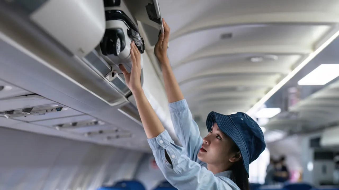 young woman putting luggage into overhead locker on airplane traveler