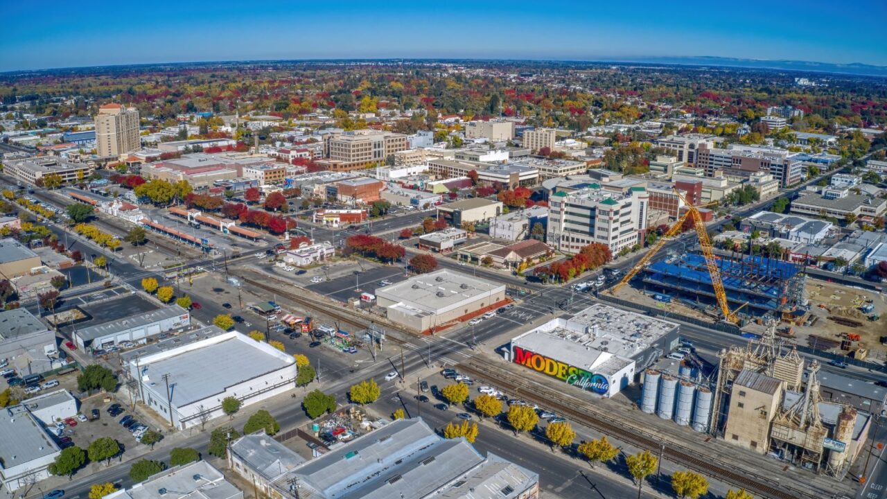 Modesto, California, United States Aerial View of the Downtown Core.