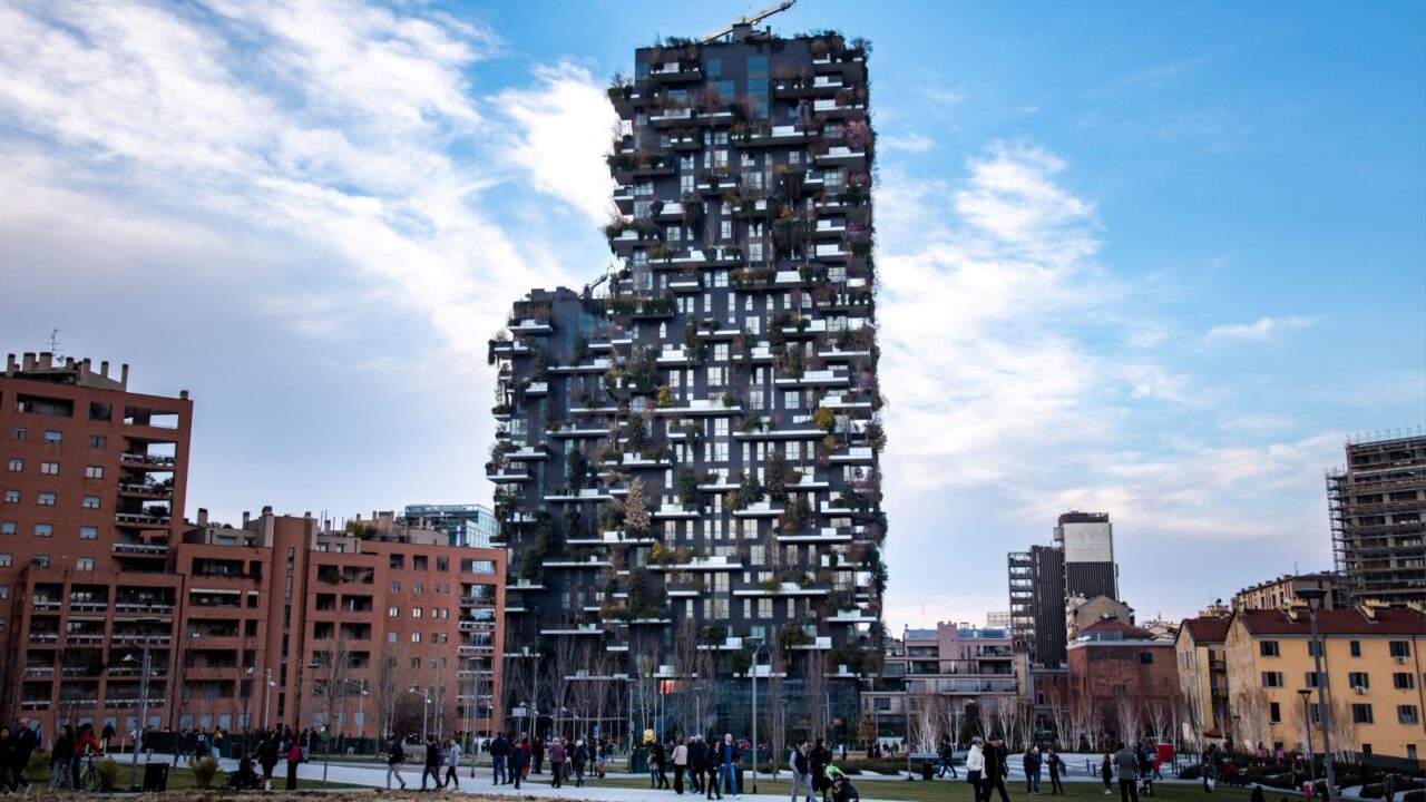 Milan, Italy - March 03, 2019: The "Bosco Verticale" ("Vertical Wood" in Italian) is a residential building in the Gae Aulenti district, a new area build recently in Milan