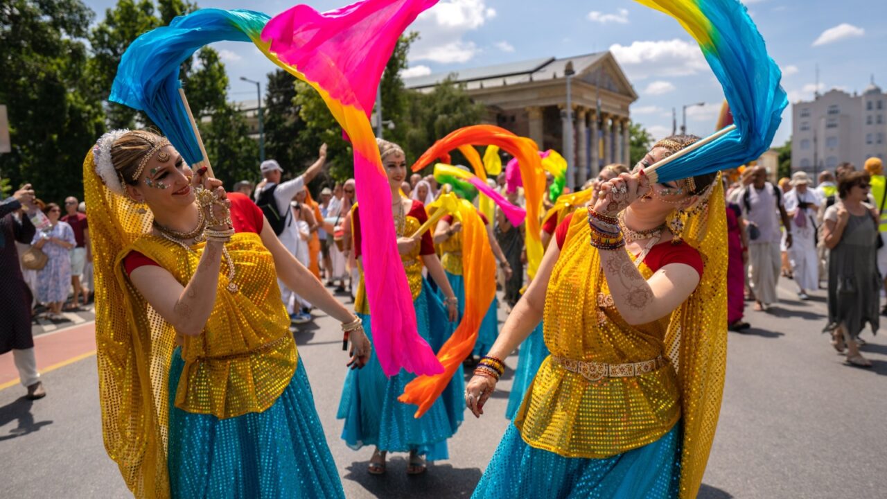 Participants dance and sing mantras during a parade in Budapest. Hare Krishna India Festival is one of India's most celebrated festival all around the world. 29.06.2019