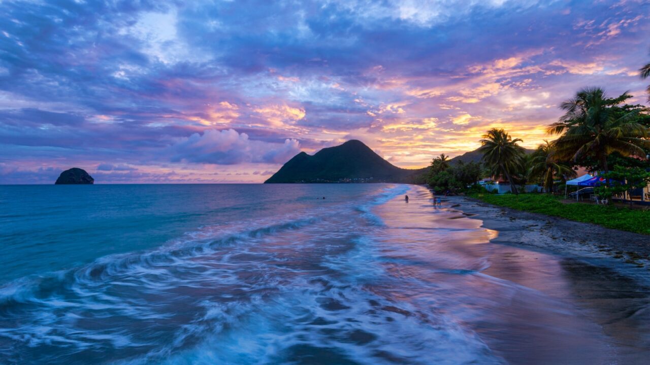 Le Diamant, Martinique, France - 17 August 2019: Le Diamant Beach in Martinique at sunset