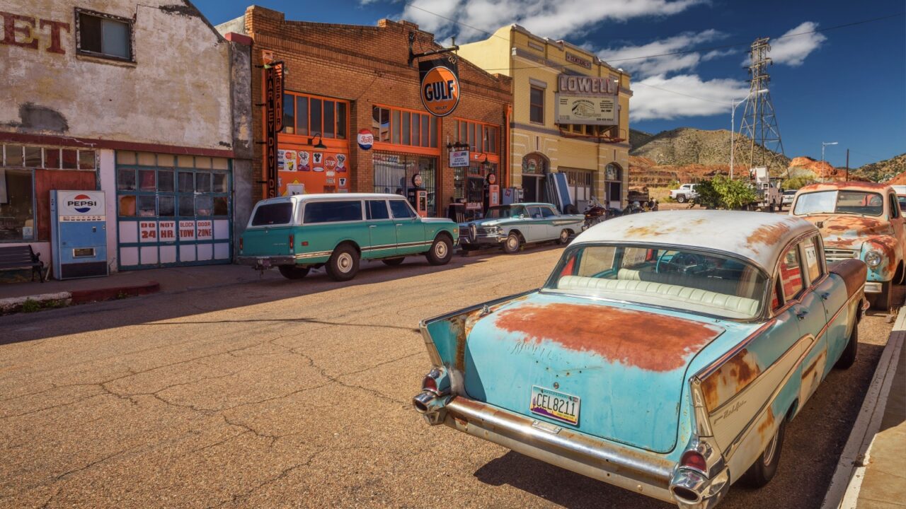 Lowell, Arizona, USA - October 17, 2018 : Historic Erie street in Lowell. This ghost town situated on the other side of the Lavender Pit Mine is now part of Bisbee.