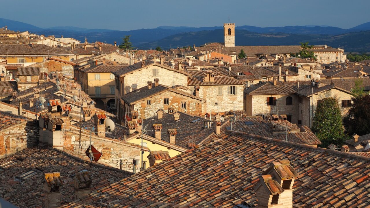 Gubbio, one of the most beautiful small town in Italy. Aerial view of the village from the upper square