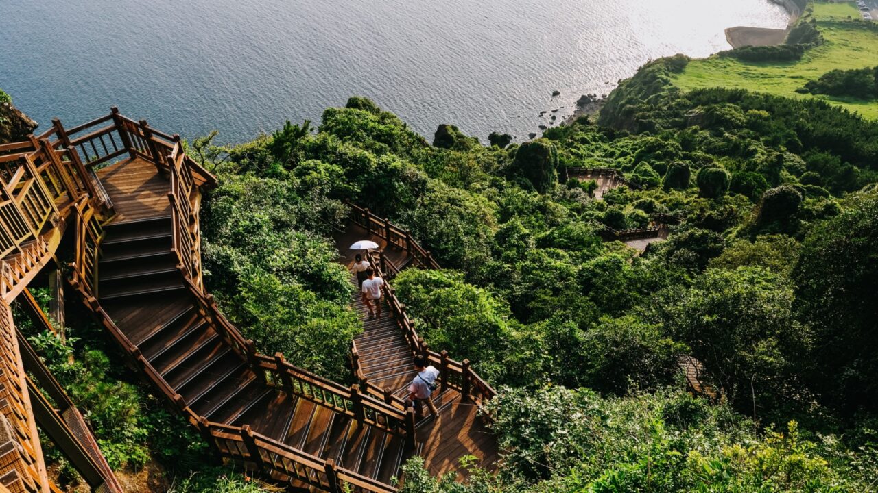 Stairs to climb Seongsan mountain in Jeju Island, South Korea.