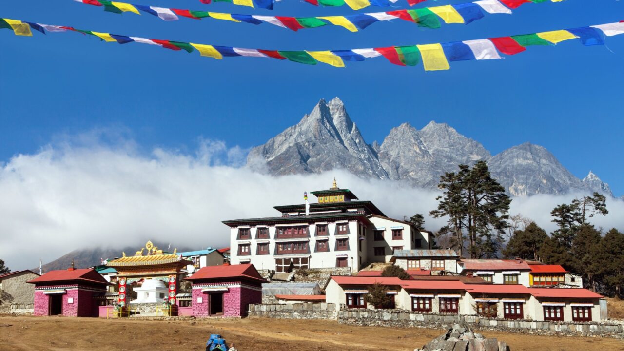 Tengboche Monastery, the best monastery in Khumbu valley with prayer flags and yaks, trek to Everest base camp, Sagarmatha national park, Solukhumbu, Nepal Himalaya mountain