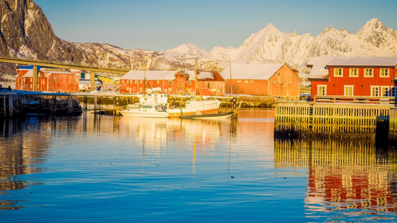SVOLVAER, LOFOTEN ISLANDS, NORWAY - APRIL 10, 2018: Harbor houses in Svolvaer, located in Nordland County on the island of Austvagoya in Lofoten