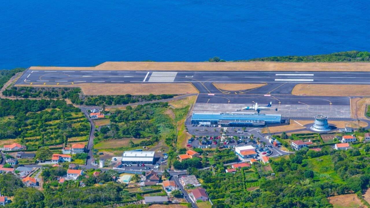 Aerial view of airport at Sao Jorge island in the Azores, Portugal.