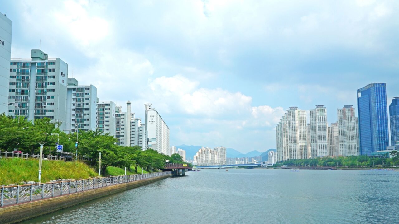 Busan,Korea-July-09-2022:buildings along the Suyeongcheon River