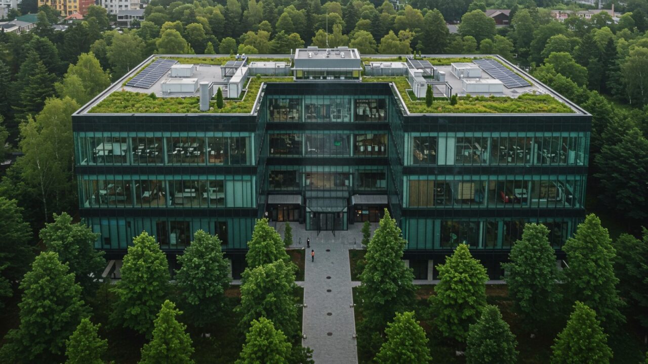 Modern glass office building with big trees around to reduce heat and carbon dioxide. Eco-friendly building and CO2 reduction corporate building. Sustainability concept