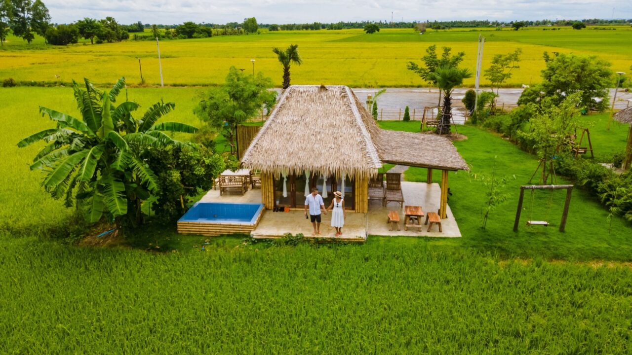 Eco farm homestay with a rice field in central Thailand, paddy field of rice during rain monsoon season in Thailand. Couple men and women on vacation at a farm