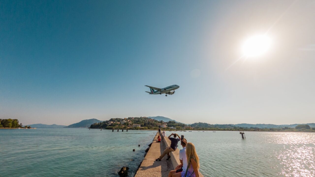 corfu, corfu, Greece. August 15, 2020: Plane landing at Corfu Airport