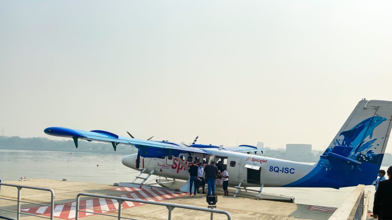 Ahmedabad, Gujarat, India- 20 January, 2021:Sea plane at the dock ready for take off taken at popular tourist attraction riverfront of Ahmedabad city. India's first ever sea plane service.
