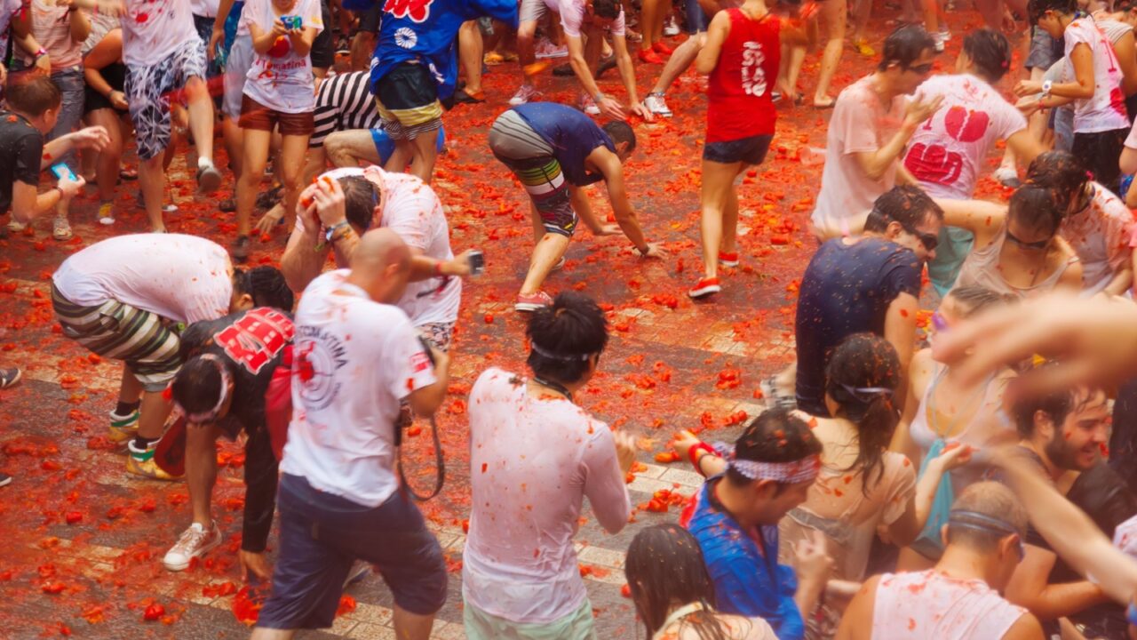 BUNOL; SPAIN - AUGUST 28:; Tomatina festival in August 28; 2013 in Bunol; Spain.; People are fighting with tomatoes