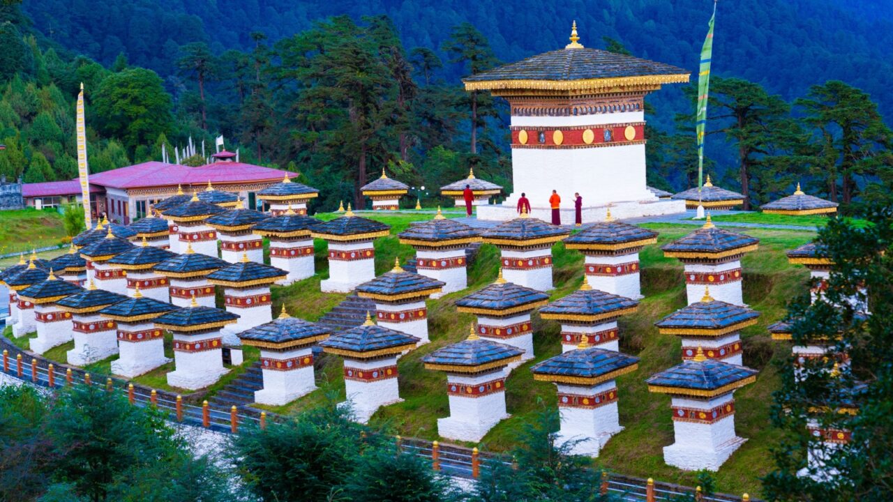 Beautiful 108 tiny Dochula stupas between Thimphu and Punakha