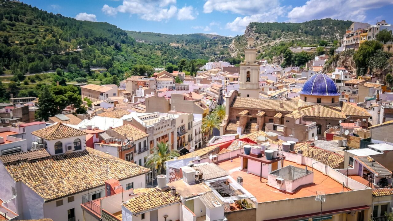 Aerial view of the historic center of Buñol, in Valencia, Spain, Europe
