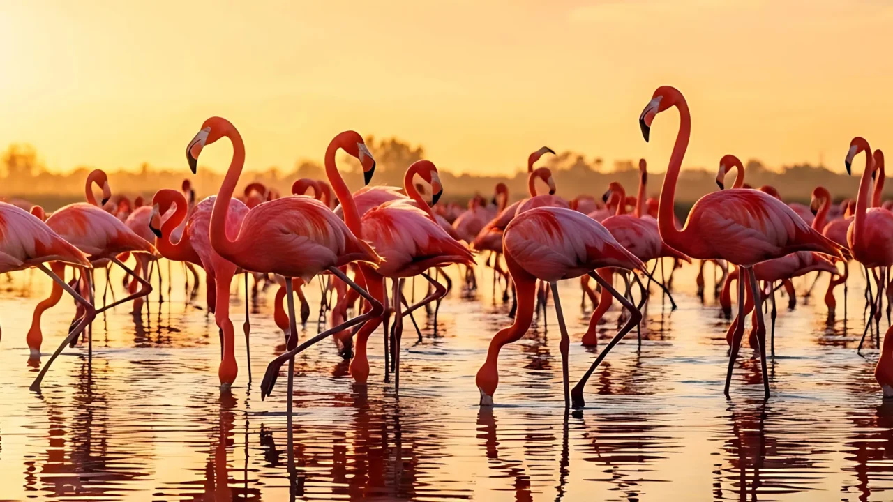 a beautiful scene of flamingos wading in calm water during