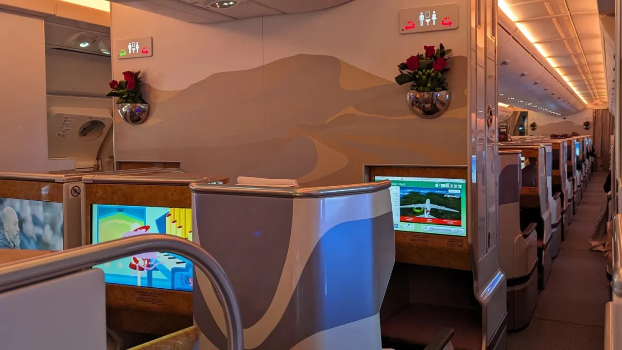 a business class cabin is seen onboard an emirates a380