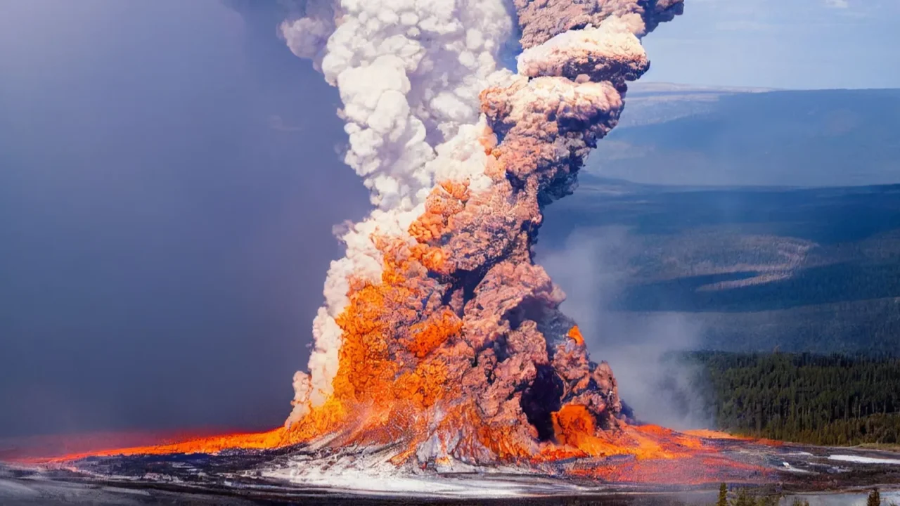 A landscape scene of Yellowstone volcanic eruption raising smoke with foggy sky