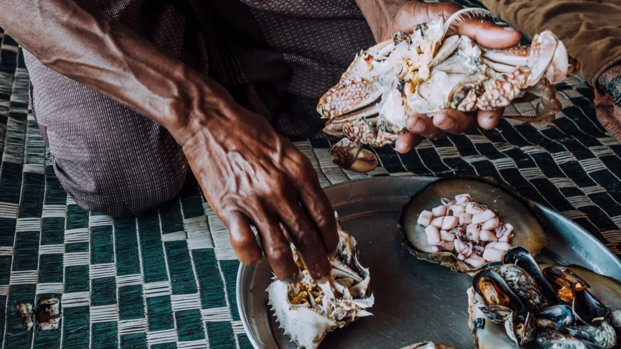 a platter of fresh seafood including crab squid mussels and