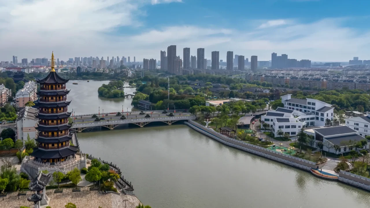 aerial photography china taizhou city buildings skyline