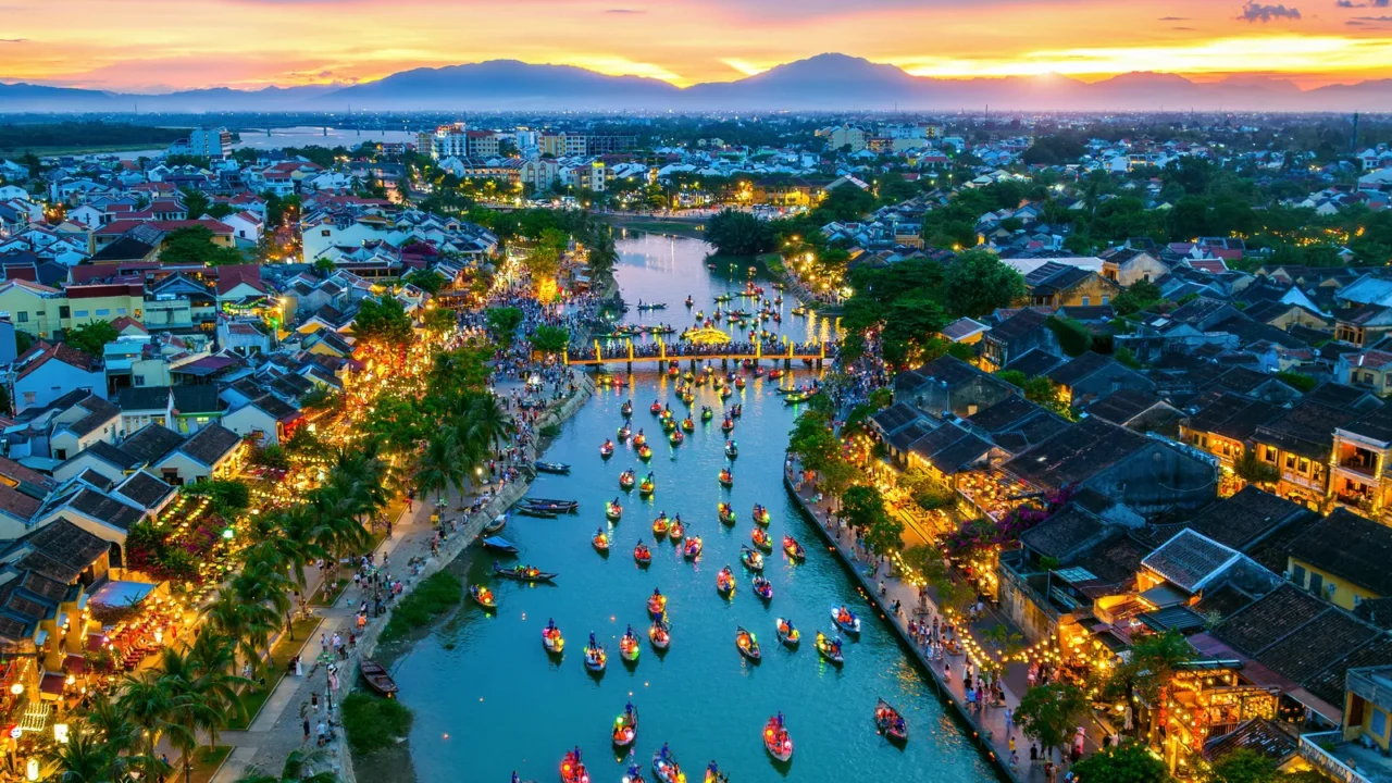 aerial view of hoi an ancient town at twilight vietnam
