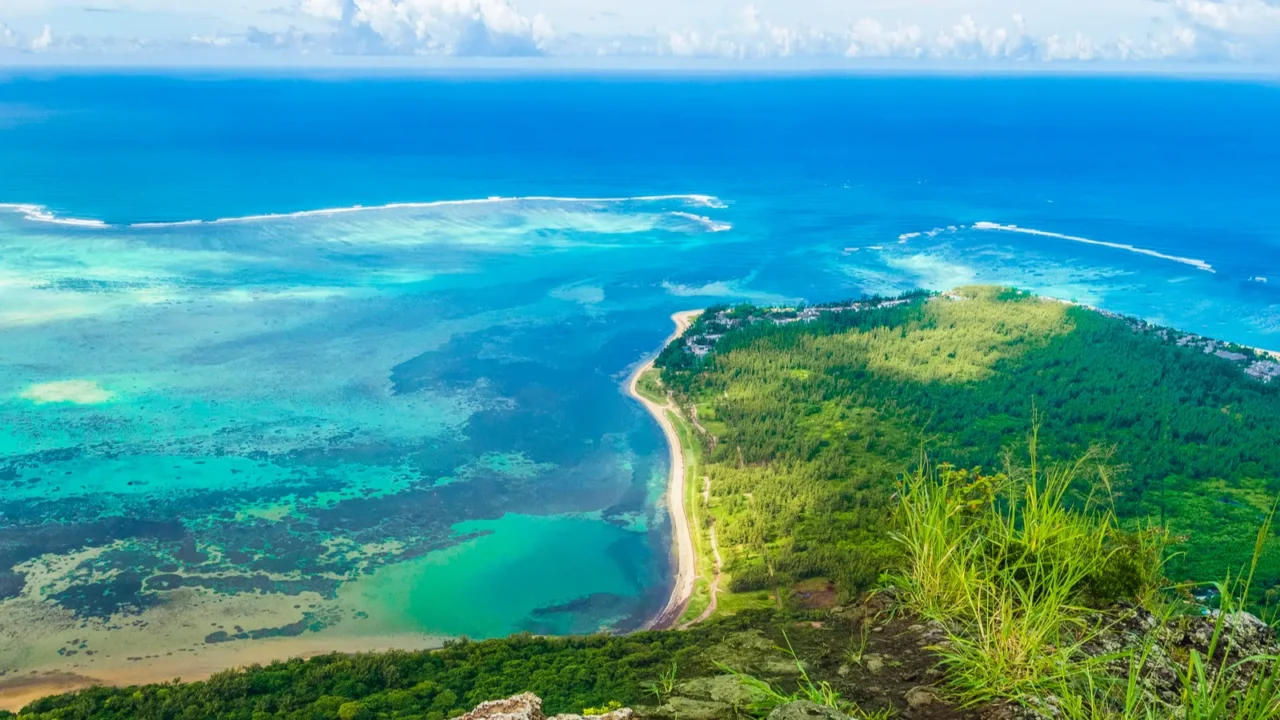 aerial view of le morne brabant mountain mauritius island